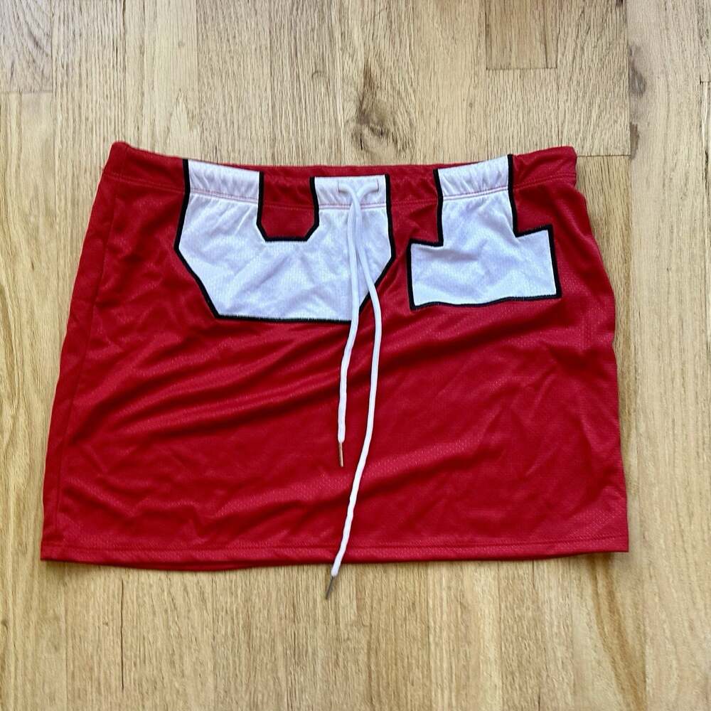 Retro Fox Red Mesh Athletic Mini Skirt Sporty Jersey Style Drawstring Womens M